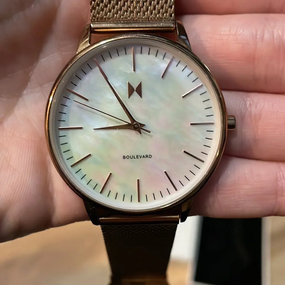 MVMT Rose Gold Mesh Bracelet Watch with Iridescent Mother-of-Pearl Dial